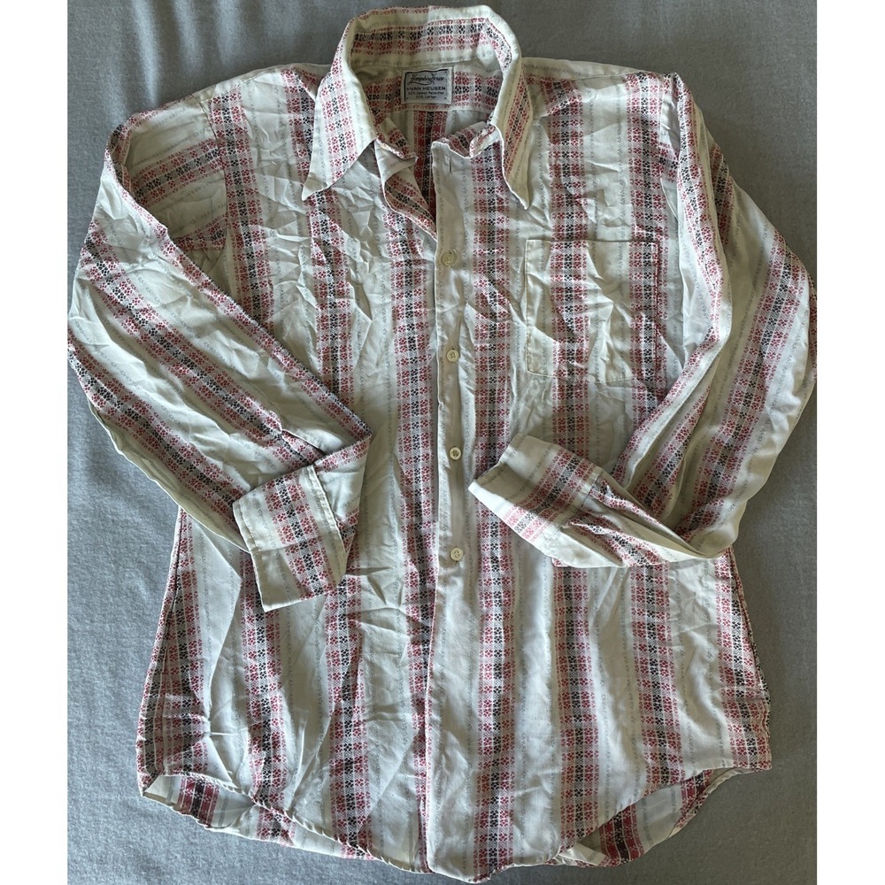 Vintage Van Heusen Shirt Mens Medium Red/black Pat Hampshire House 70s Button Up